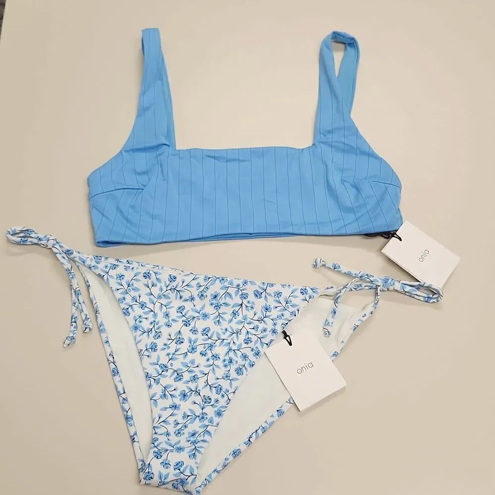 Onia Bikini Kate Bottom Ditsy Floral Solid Blue topโL